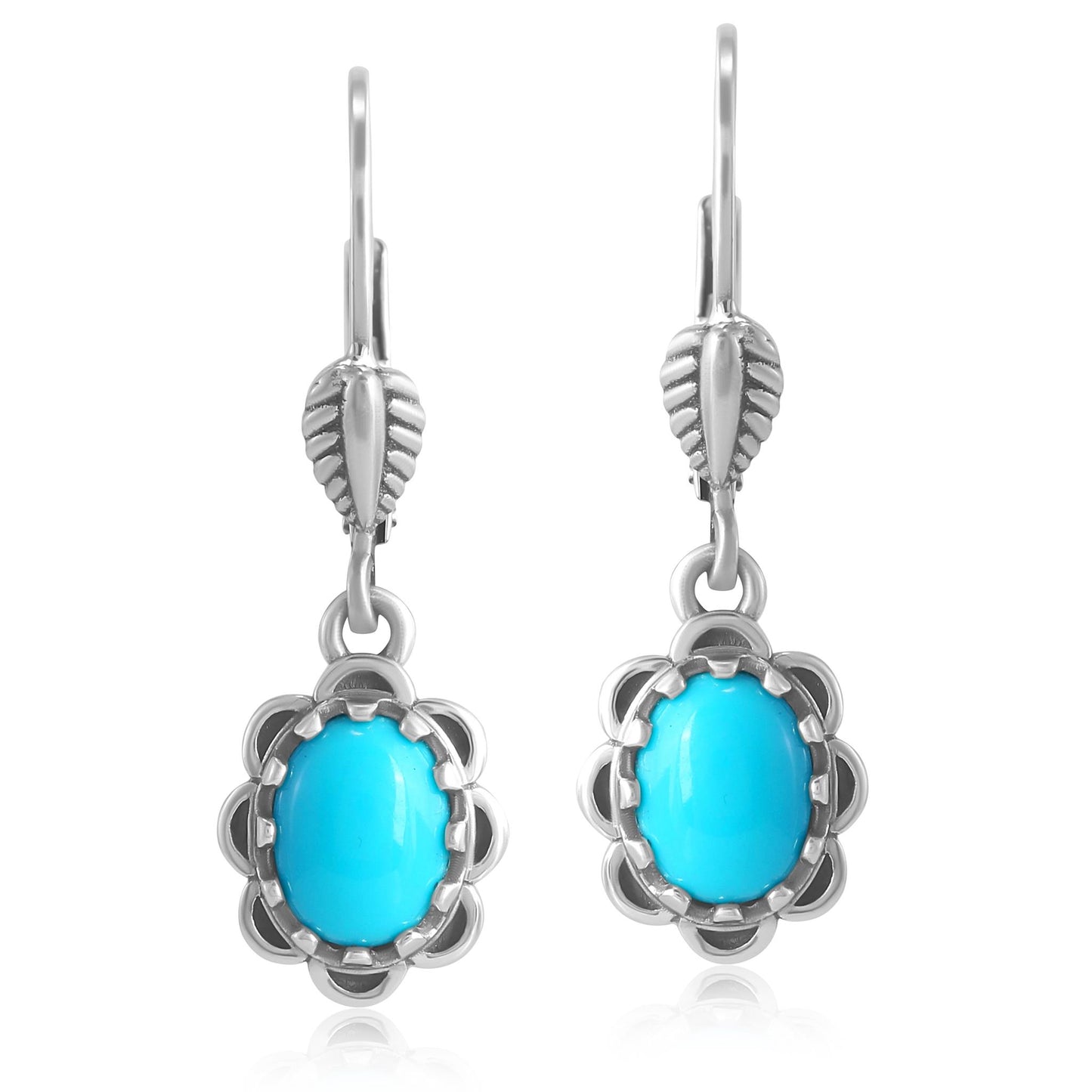 Sterling Silver Kingman Turquoise Concha Lever Back Dangle Earrings