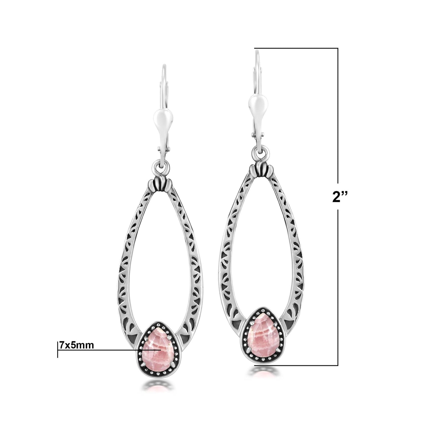 Sterling Silver Rhodochrosite Pear-Cut Long Oval Lever Back Dangle Earrings