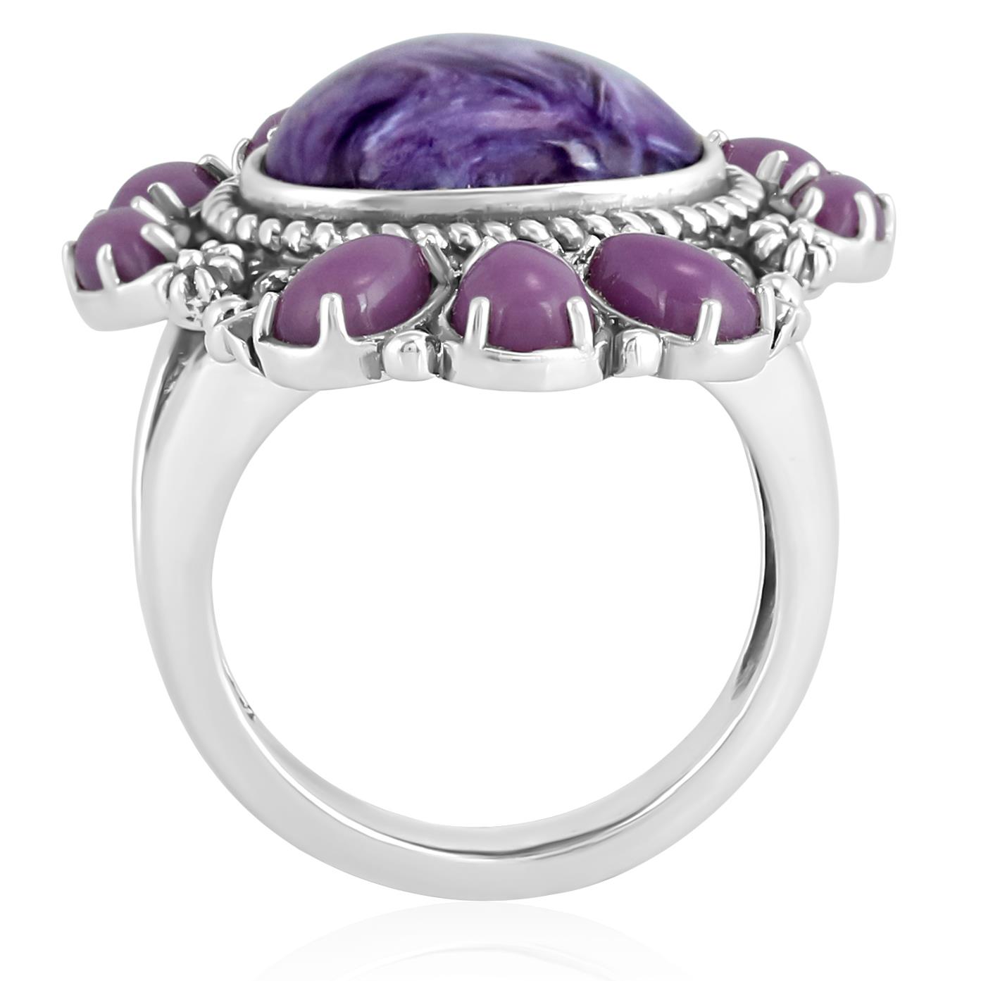 Sterling Silver Charoite and Phosphosiderite 3-Stone Trillion and Pear Ring