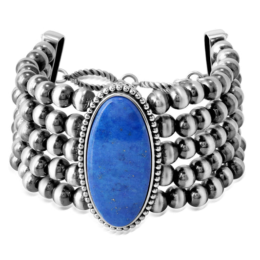 Sterling Silver Oval Denim Lapis Oval Cut Beaded Toggle Bracelet
