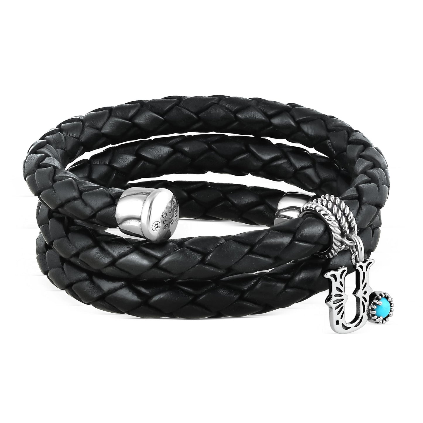 Sterling Silver Sleeping Beauty Turquoise Black Leather Initial "U" Coil Bracelet, 16 Inches