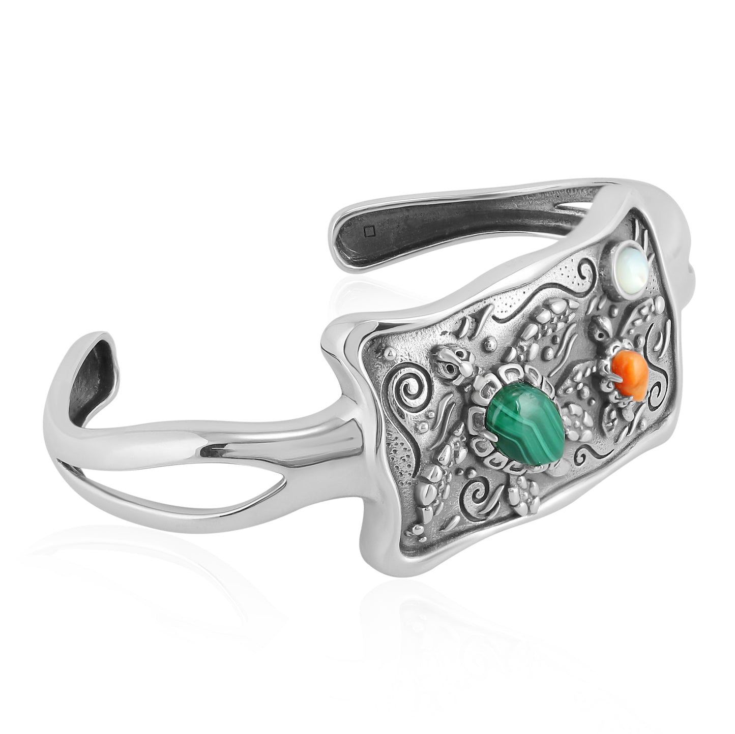 Sterling Silver Malachite, White Mother of Pearl and Orange Spiny Oyster Double Turtle Cuff Bracelet, Sizes Small and Medium