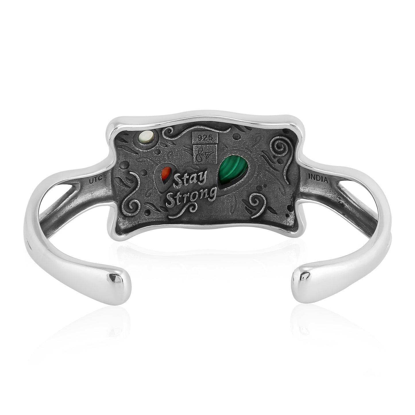 Sterling Silver Malachite, White Mother of Pearl and Orange Spiny Oyster Double Turtle Cuff Bracelet, Sizes Small and Medium