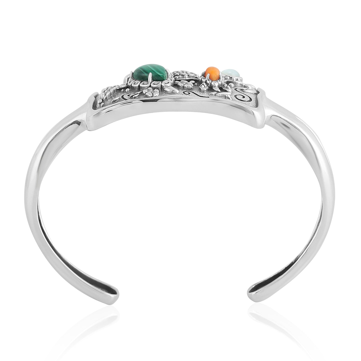 Sterling Silver Malachite, White Mother of Pearl and Orange Spiny Oyster Double Turtle Cuff Bracelet, Sizes Small and Medium