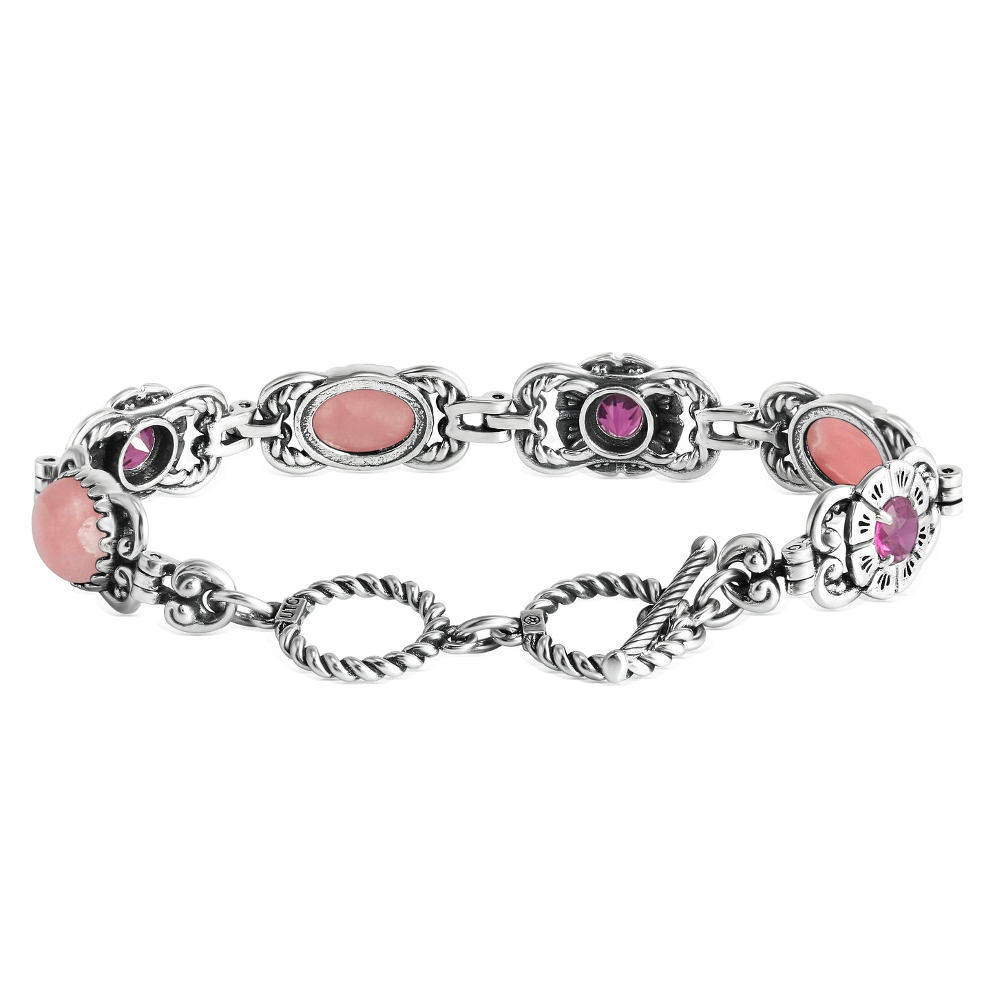 Sterling Silver Rhodochrosite Red Garnet Concha Link Bracelet