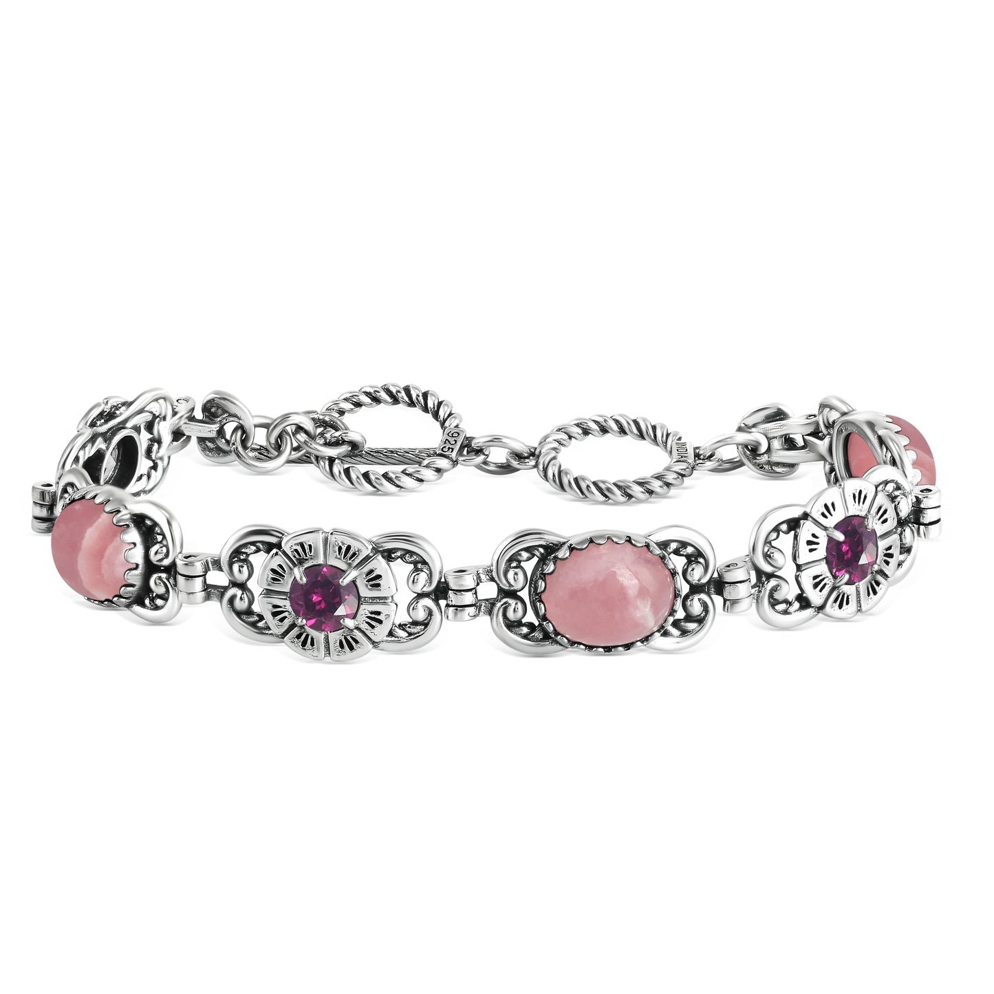 Sterling Silver Rhodochrosite Red Garnet Concha Link Bracelet
