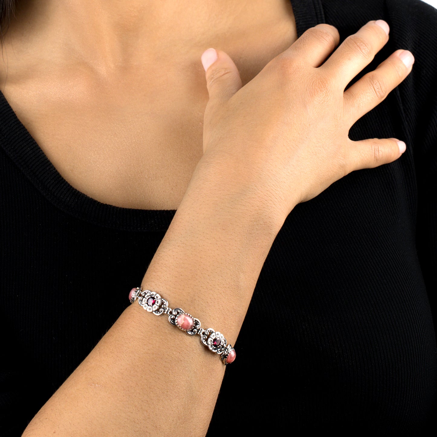 Sterling Silver Rhodochrosite and Red Garnet Concha Link Bracelet, Sizes Small to Large