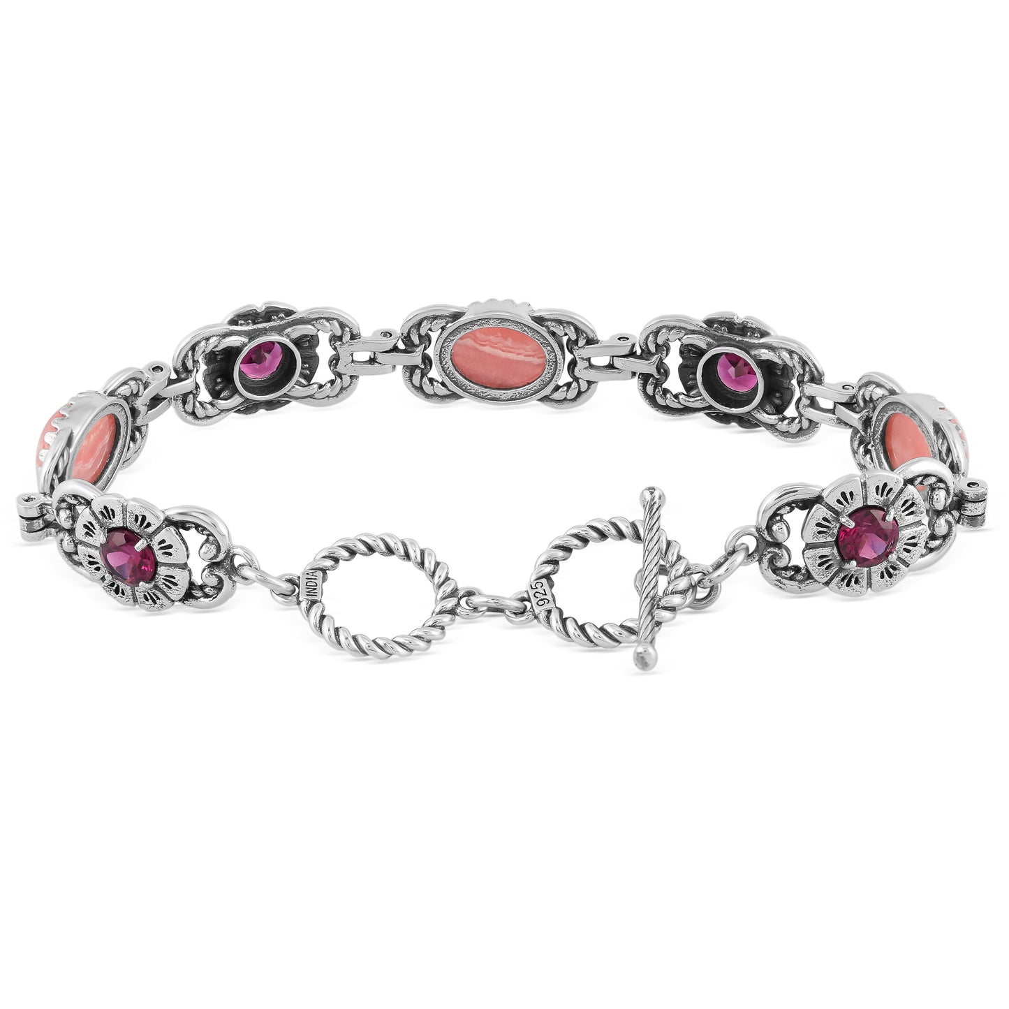 Sterling Silver Rhodochrosite and Red Garnet Concha Link Bracelet, Sizes Small to Large