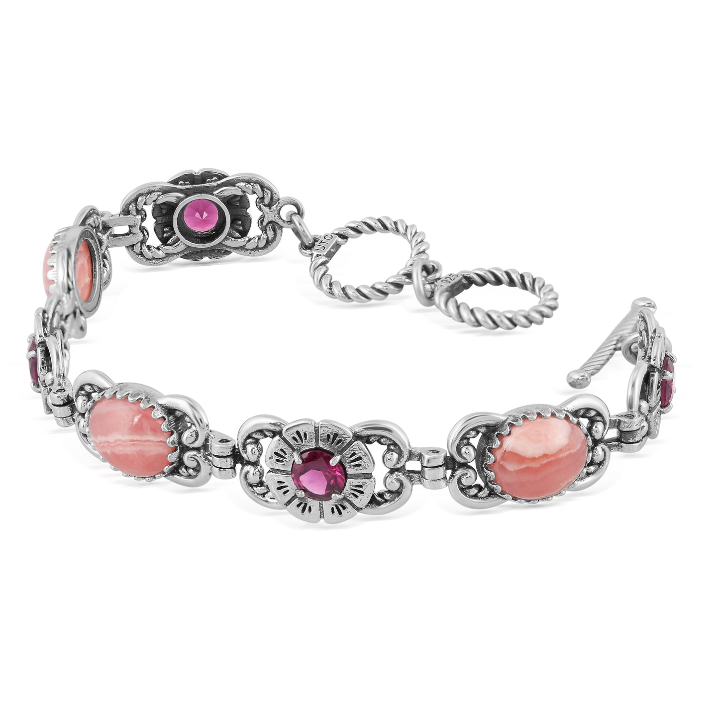 Sterling Silver Rhodochrosite and Red Garnet Concha Link Bracelet, Sizes Small to Large