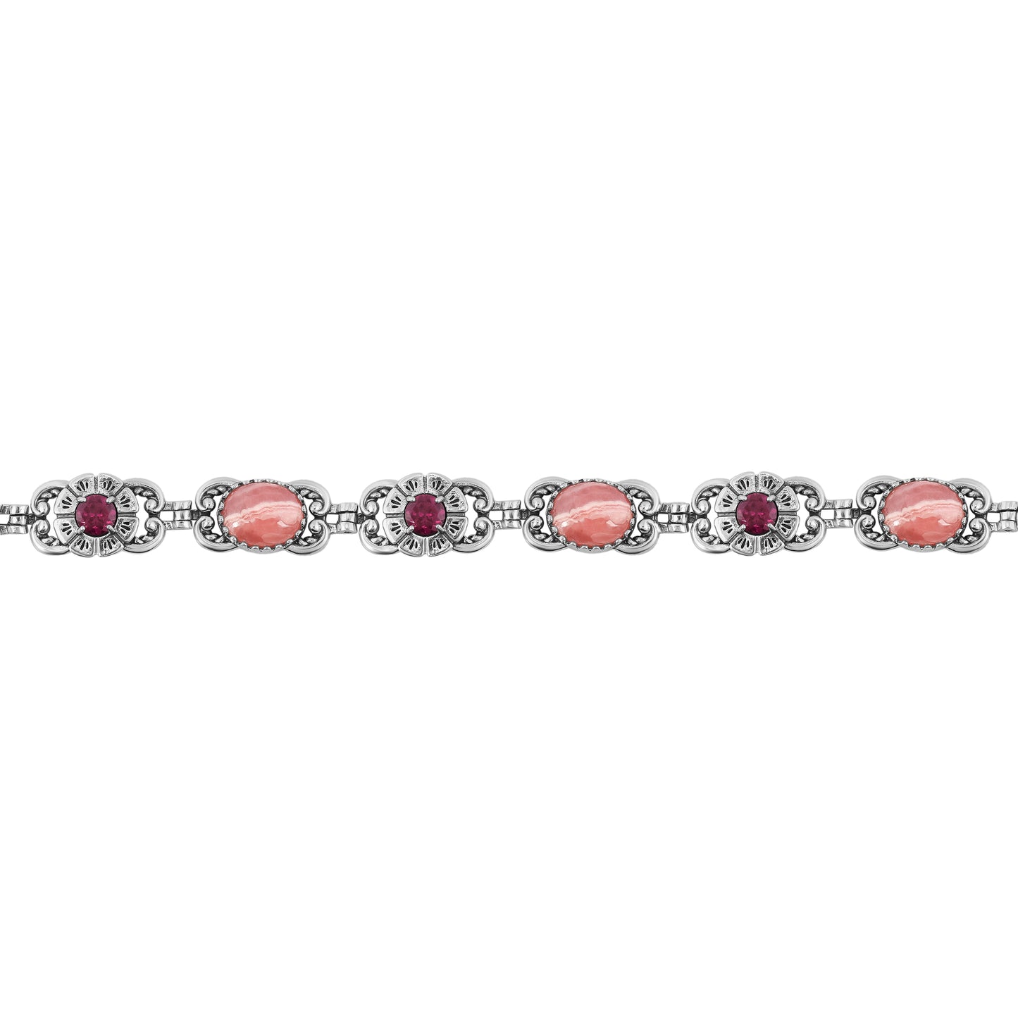 Sterling Silver Rhodochrosite and Red Garnet Concha Link Bracelet, Sizes Small to Large