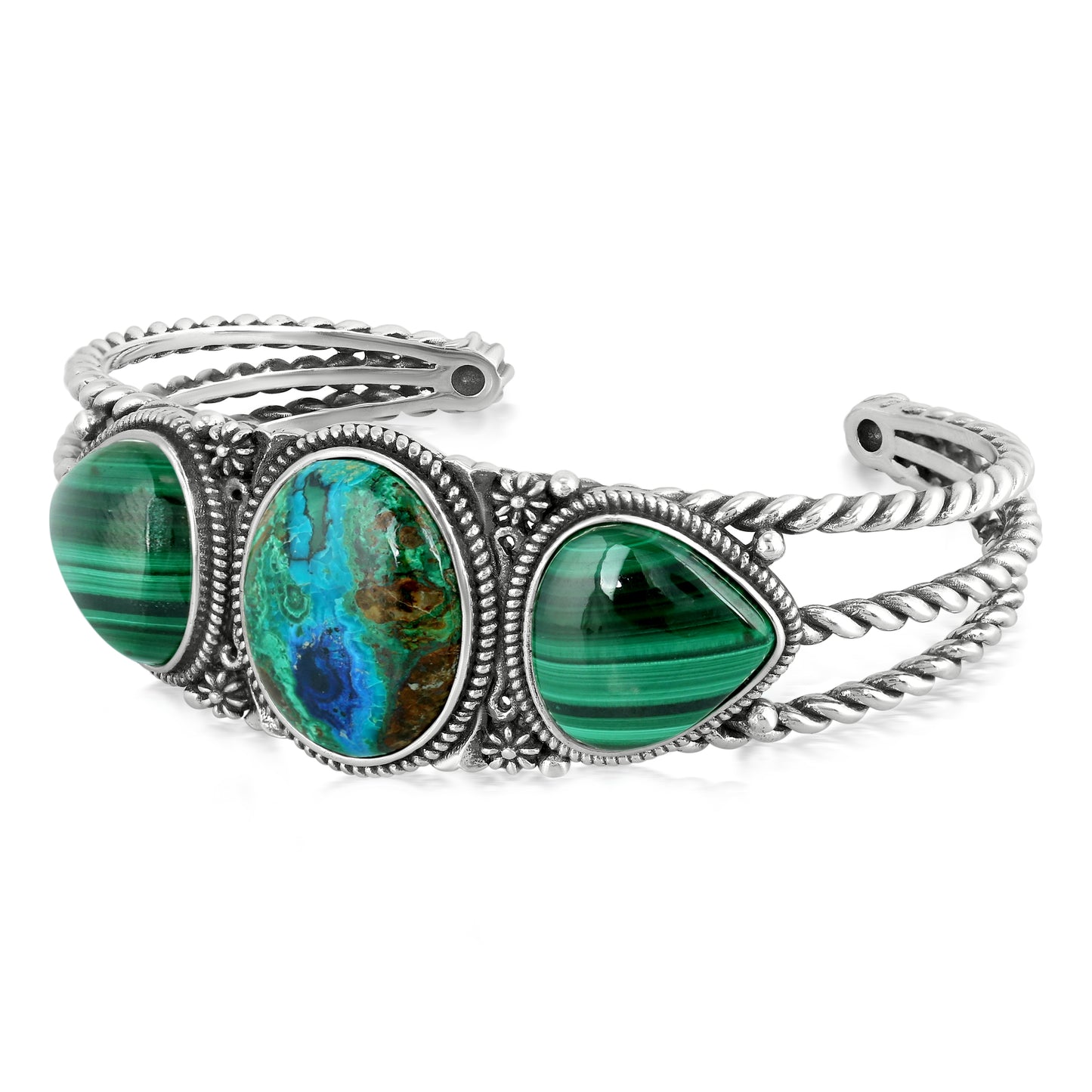 Sterling Silver Azurite and Malachite Trillion Cuff Bracelet, Size Large