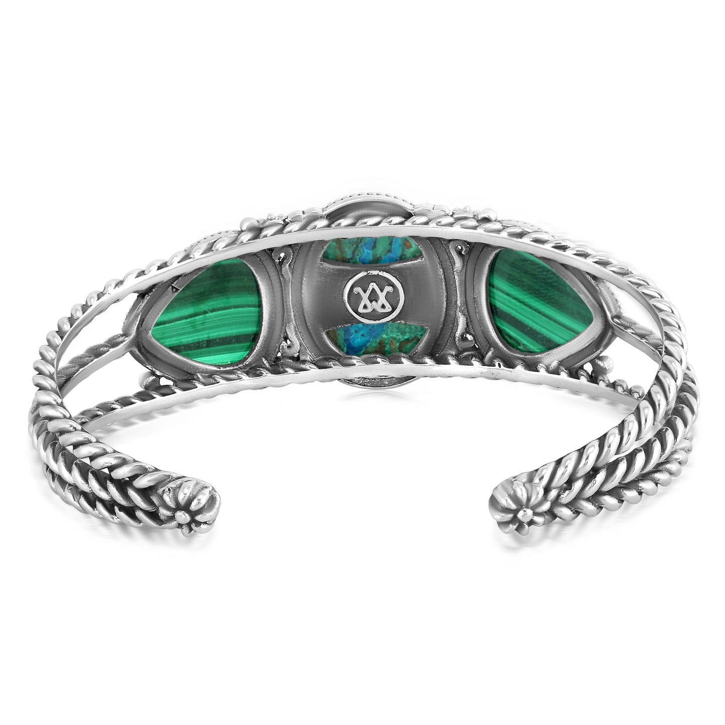 Sterling Silver Azurite and Malachite Trillion Cuff Bracelet, Size Large