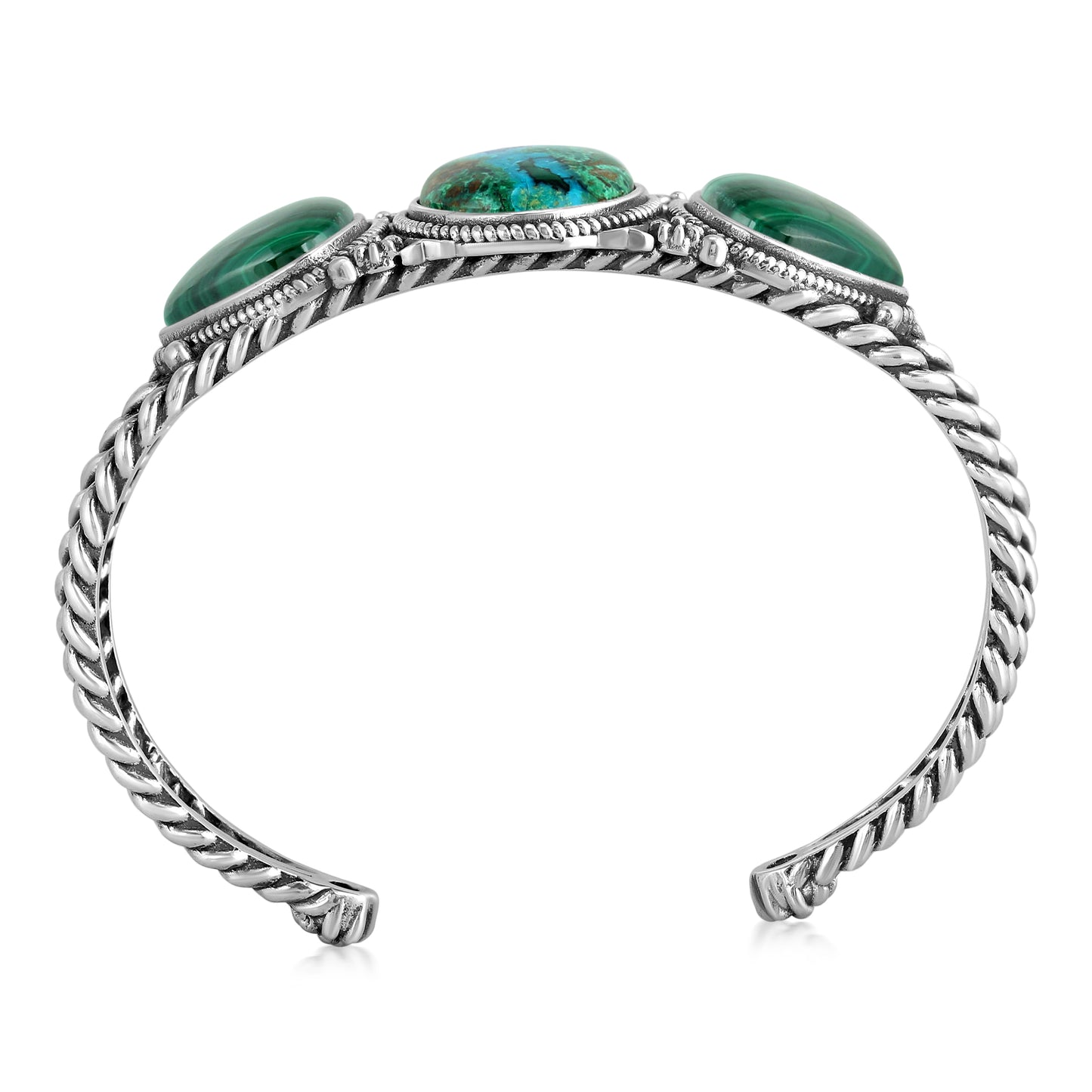 Sterling Silver Azurite and Malachite Trillion Cuff Bracelet, Size Large