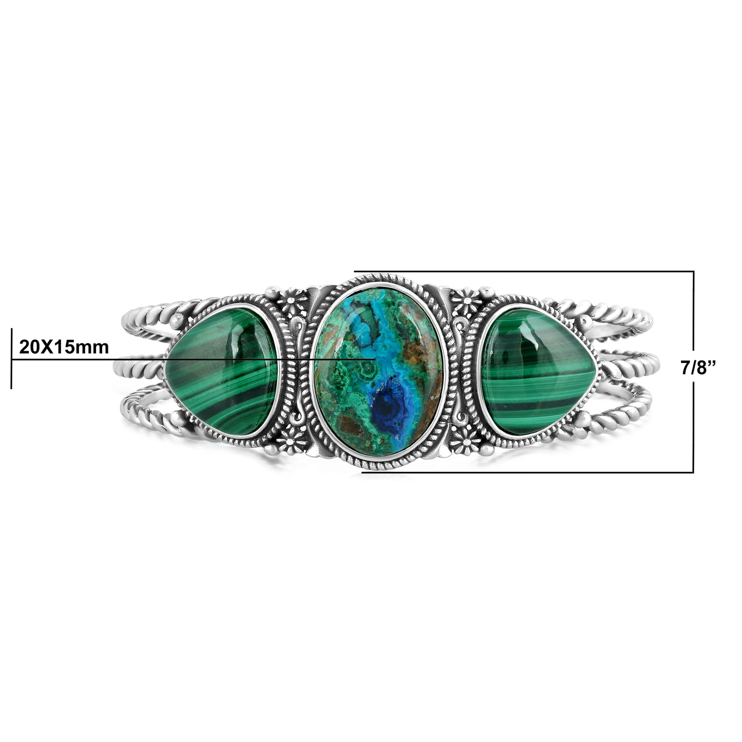 Sterling Silver Azurite and Malachite Trillion Cuff Bracelet, Size Large