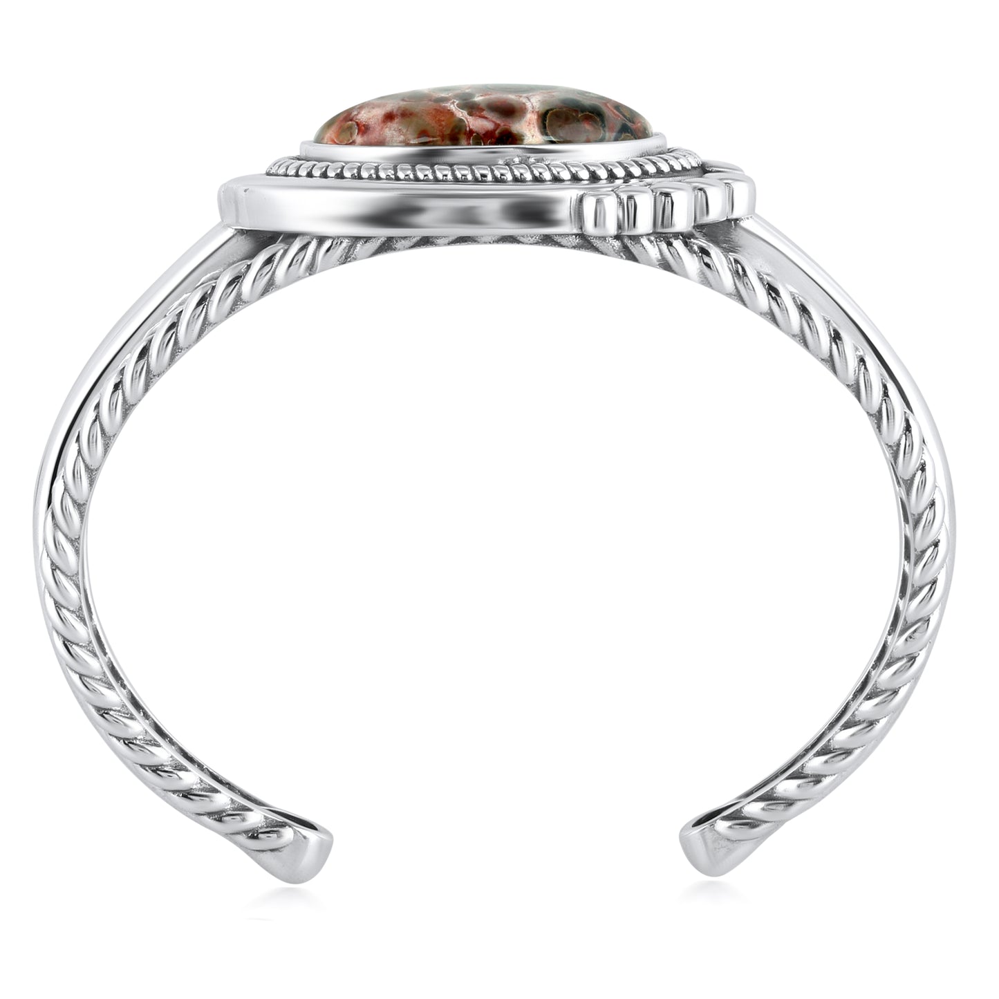 Sterling Silver Leopard Jasper Bold Oval Rope Cuff Bracelet, Size Small