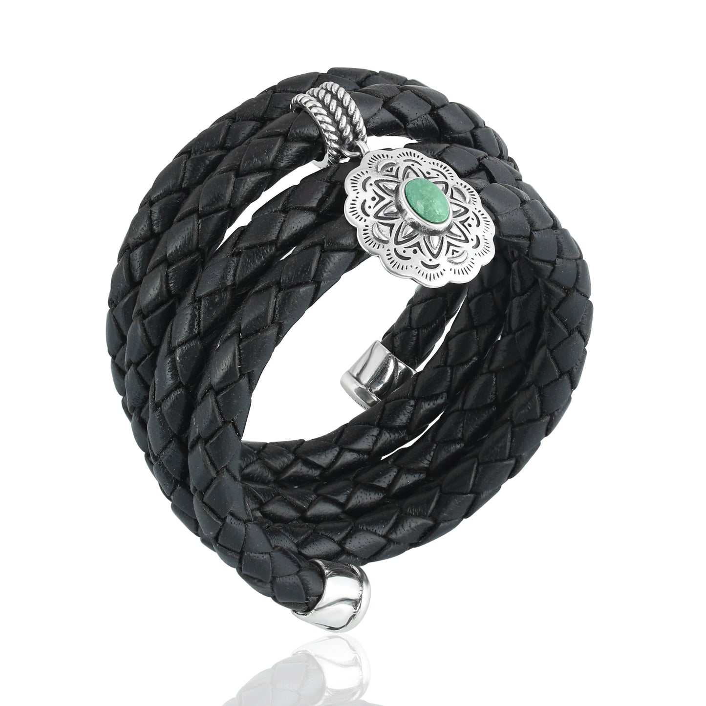Sterling Silver Green Turquoise Concha Braided Leather Wrap Bracelet, One Size Fits Most