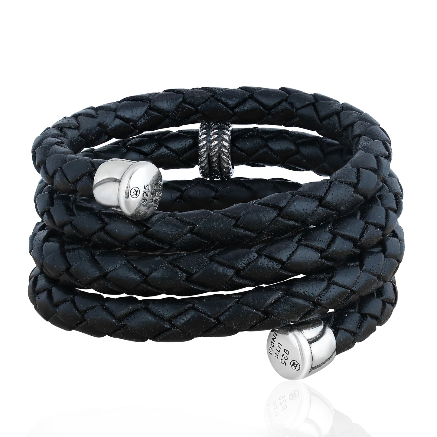 Sterling Silver Green Turquoise Concha Braided Leather Wrap Bracelet, One Size Fits Most
