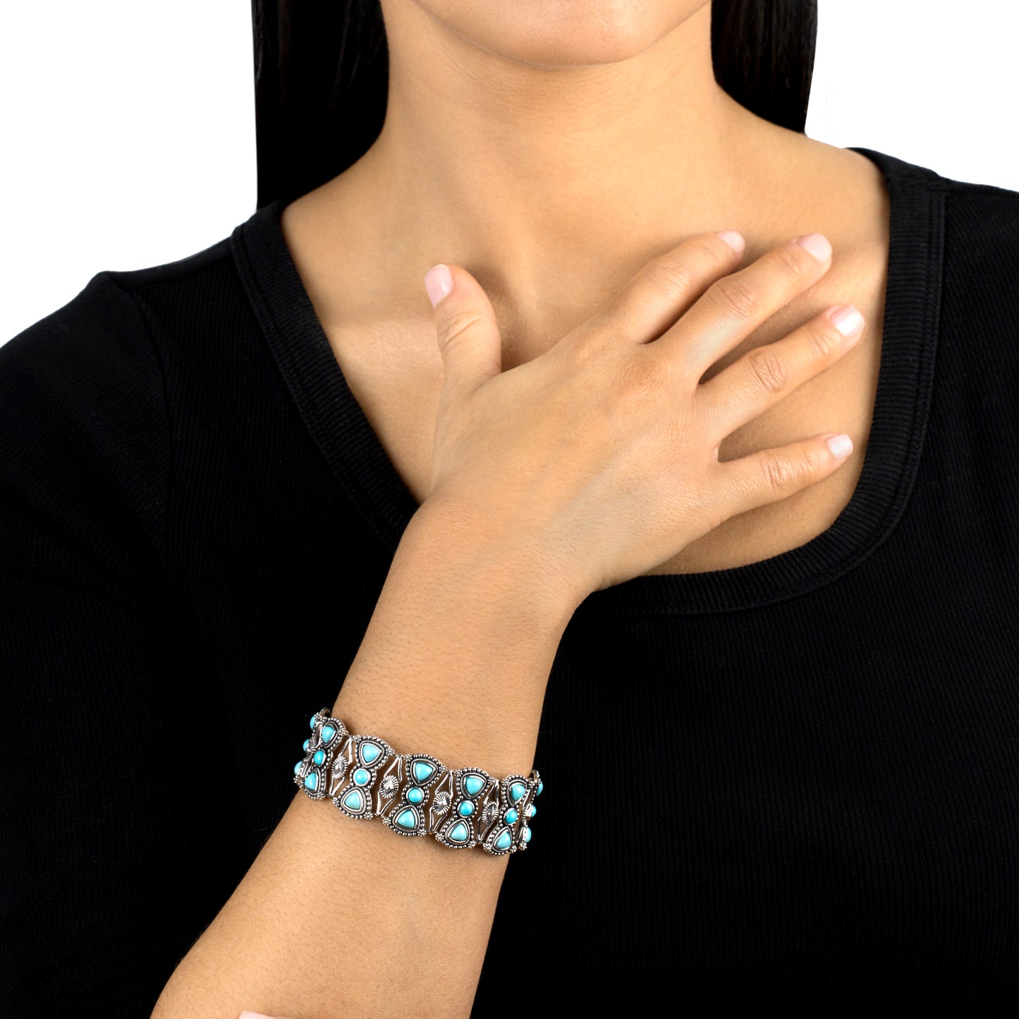 EXCLUSIVELY OURS! Sterling Silver Kingman Turquoise Round and Trillion Cut Link Bracelet, Sizes Small to Large