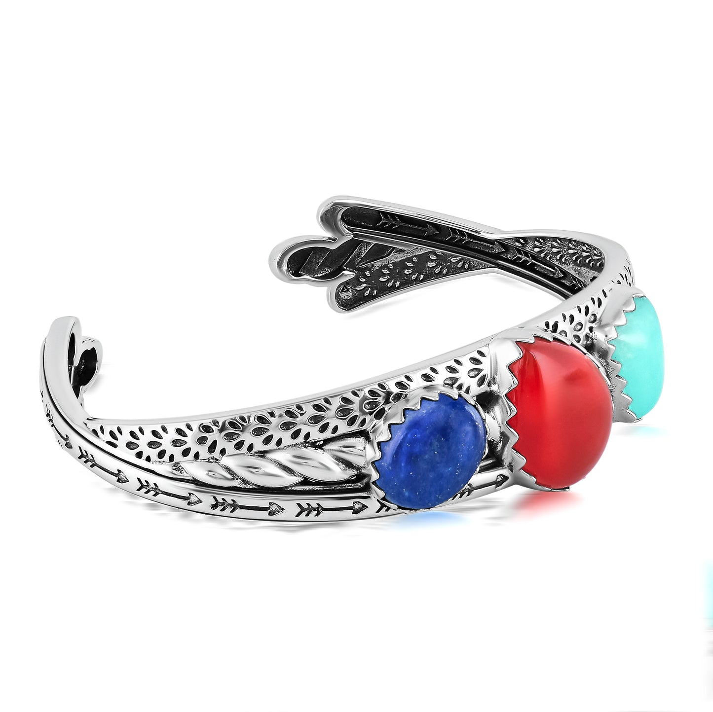 Sterling Silver Red Onyx, Amazonite and Lapis 3 Row Twist Cuff Bracelet, Sizes Small to Large
