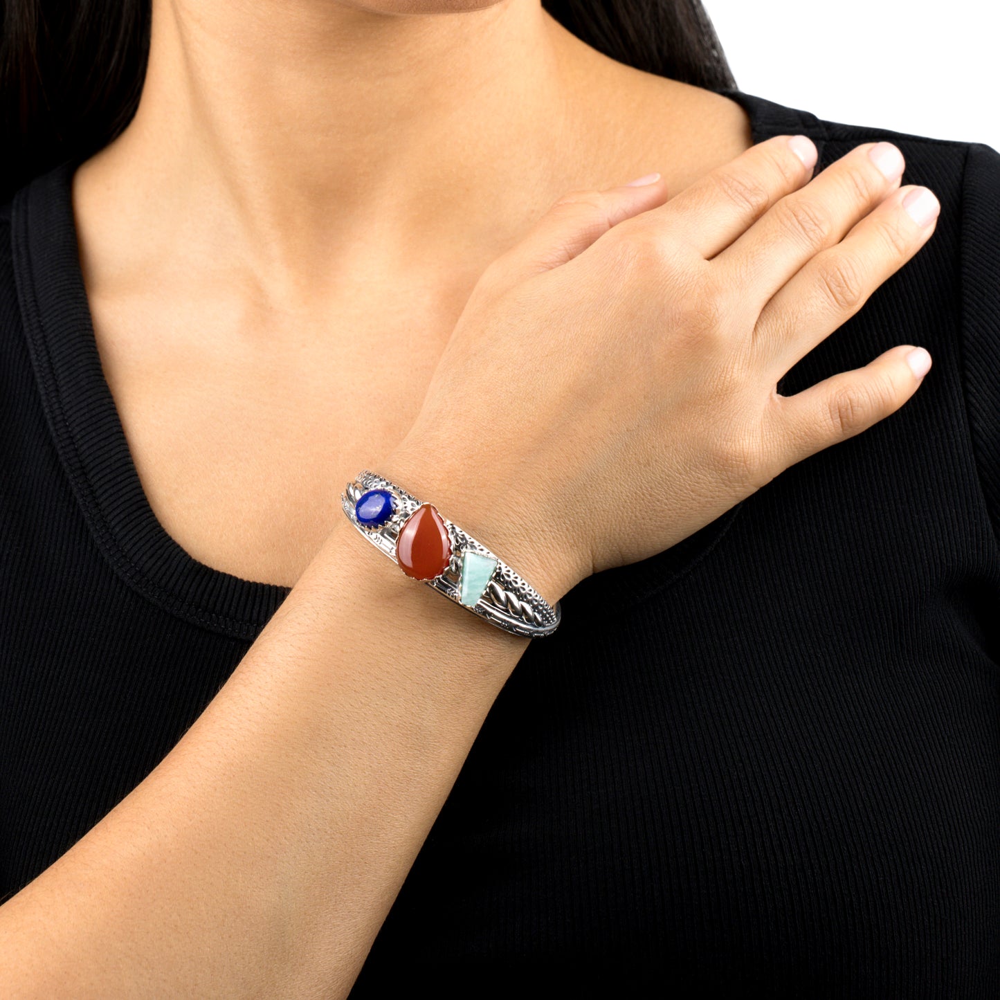 Sterling Silver Red Onyx, Amazonite and Lapis 3 Row Twist Cuff Bracelet, Sizes Small to Large