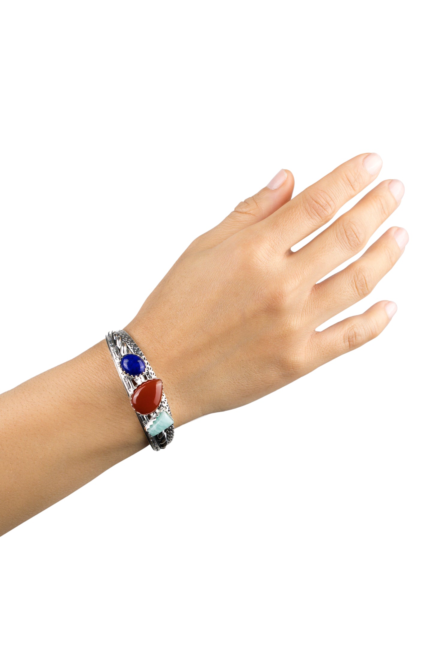 Sterling Silver Red Onyx, Amazonite and Lapis 3 Row Twist Cuff Bracelet, Sizes Small to Large