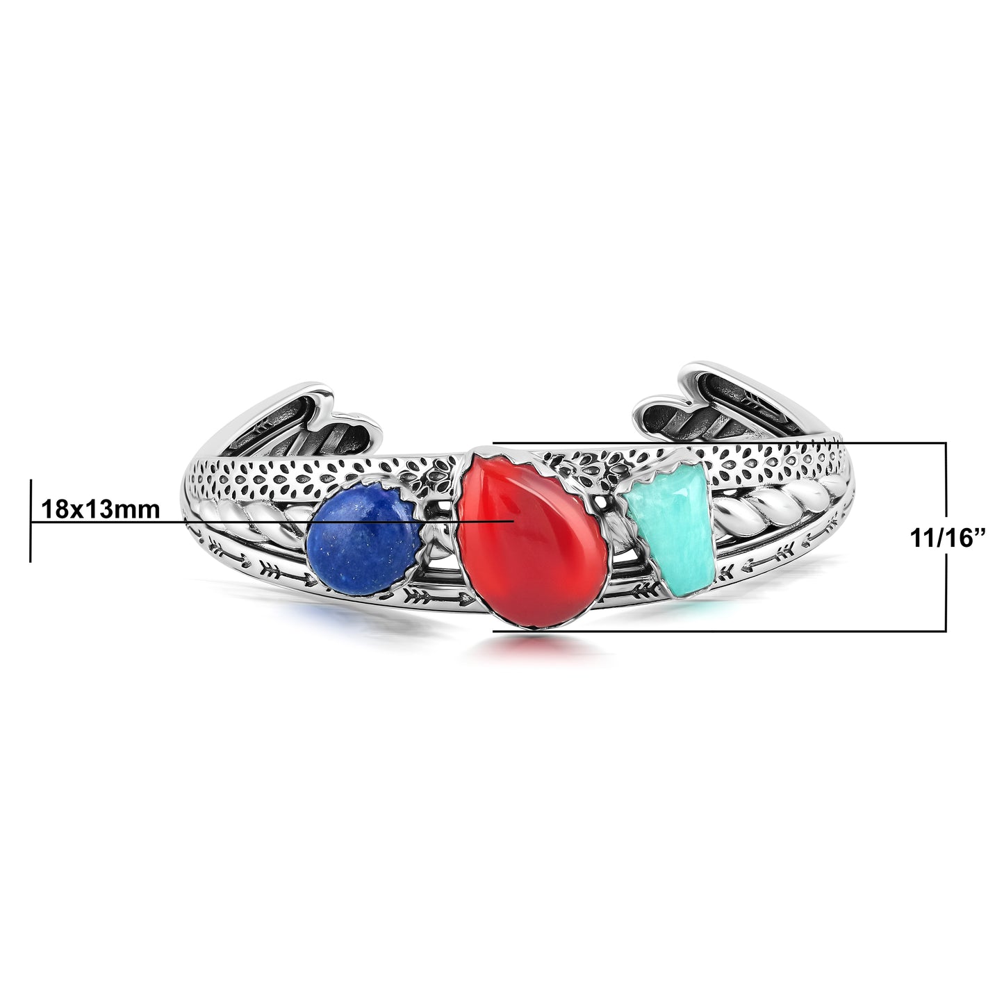 Sterling Silver Red Onyx, Amazonite and Lapis 3 Row Twist Cuff Bracelet, Sizes Small to Large