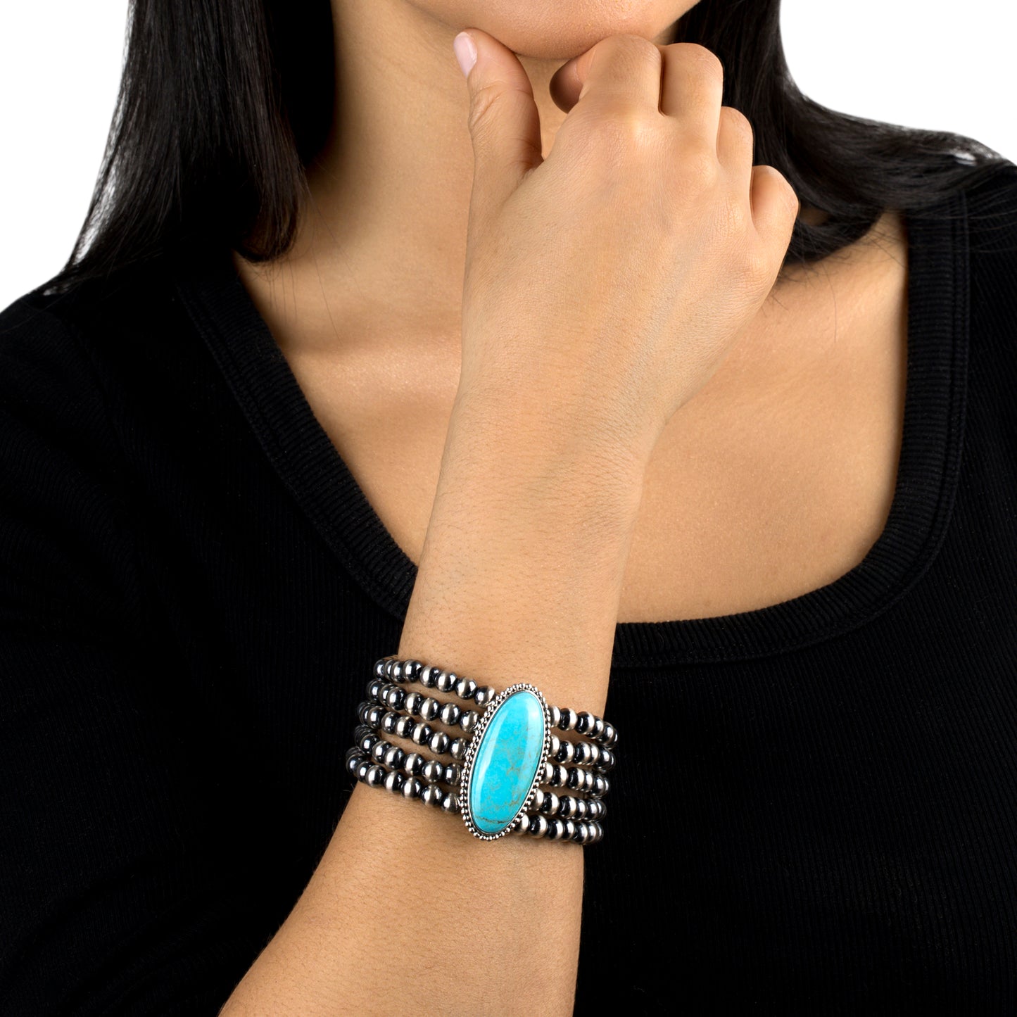 EXCLUSIVELY OURS! Sterling Silver Kingman Turquoise Oval Cut Beaded Toggle Bracelet, Sizes Small to Large