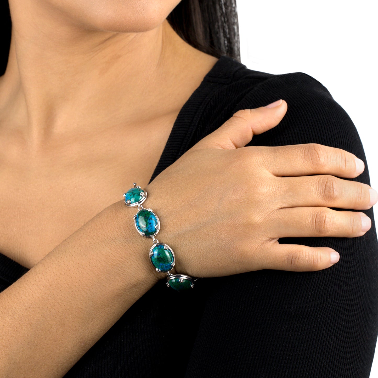 EXCLUSIVELY OURS! Sterling Silver Chrysocolla Oval Cabochon Toggle Bracelet, Sizes Small to Large