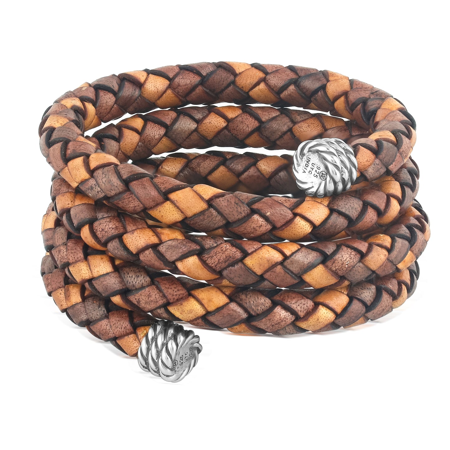 Sterling Silver Multi-Color Braided Brown Leather Coil Wrap Bracelet, 24 Inches