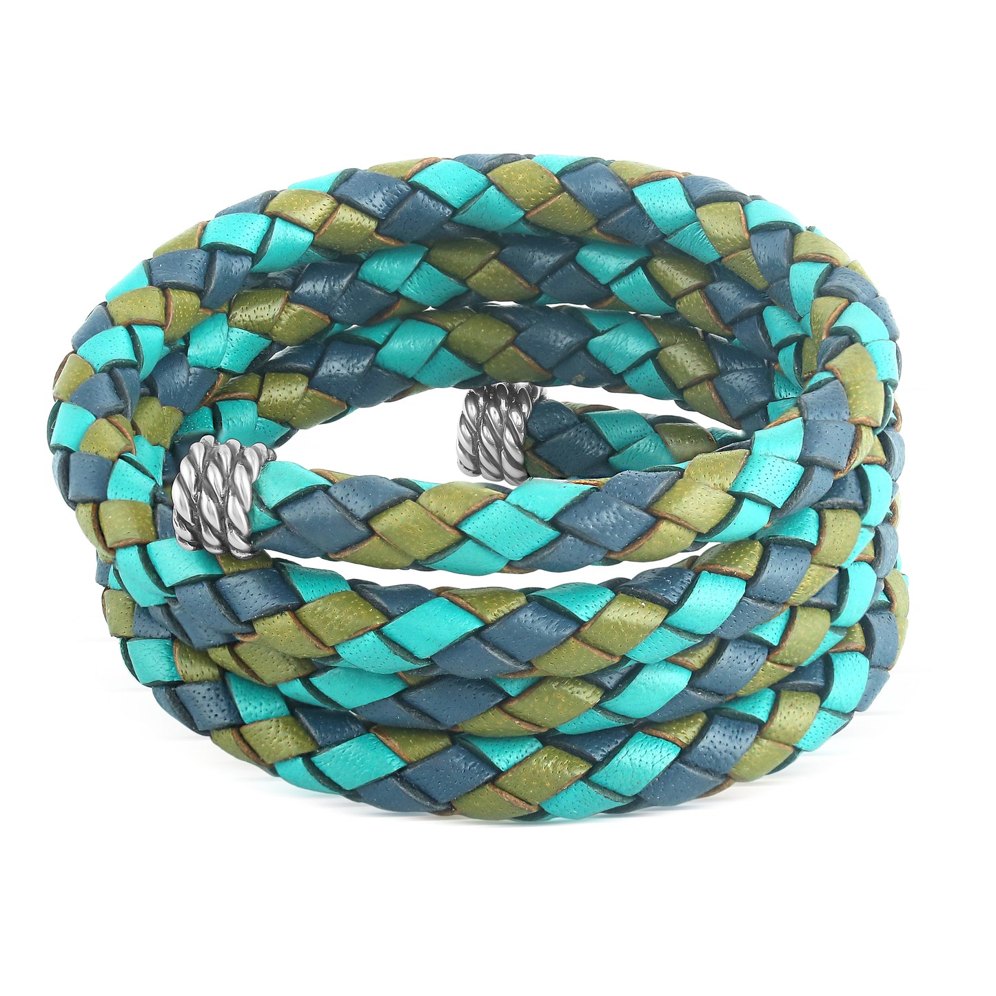 Sterling Silver Multi-Color Braided Blue, Turquoise and Green Leather Coil Wrap Bracelet, 34 Inches