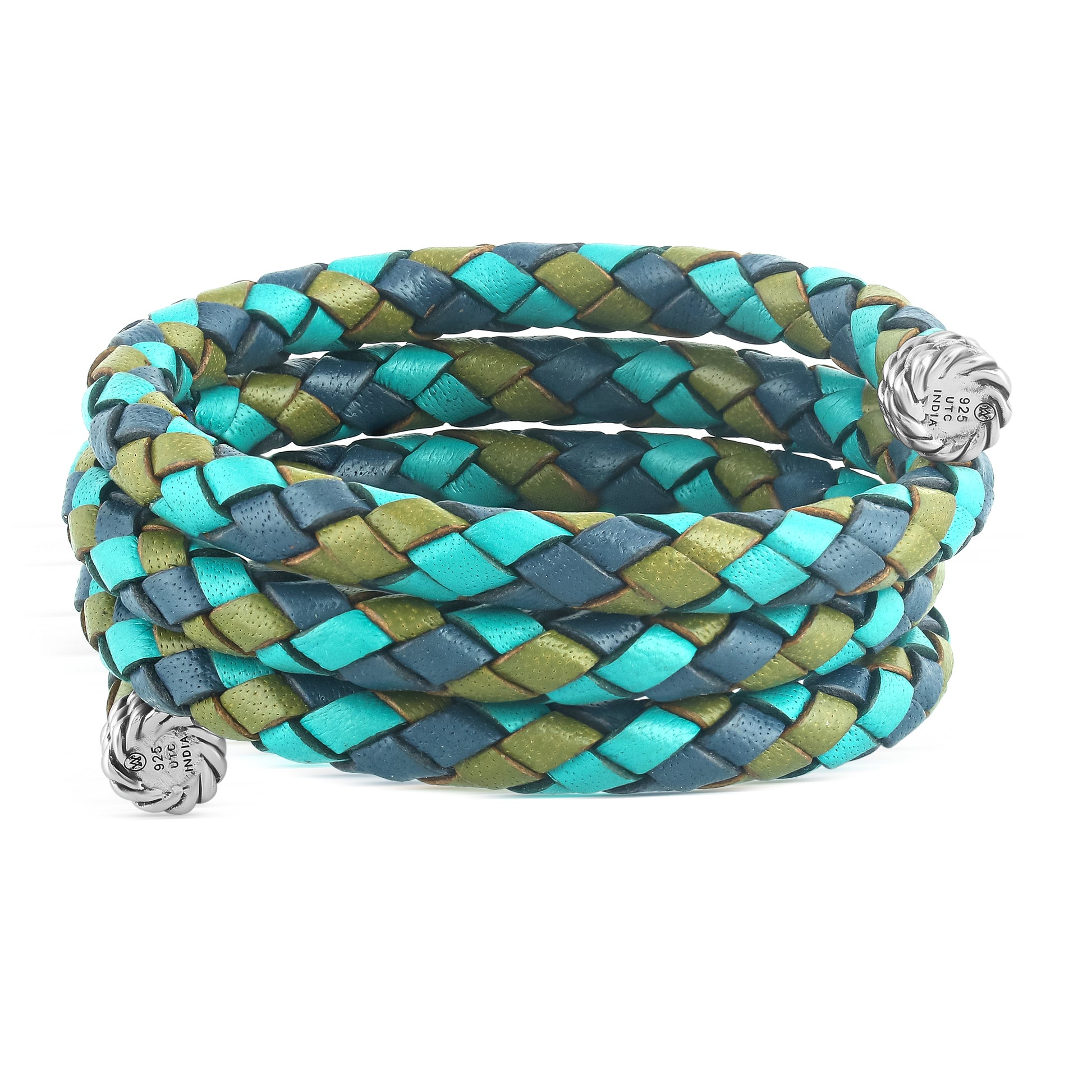 Sterling Silver Multi-Color Braided Blue, Turquoise and Lime Leather Coil Wrap Bracelet, 24 Inches