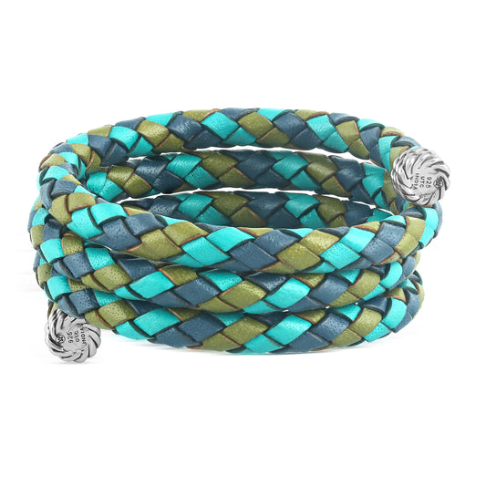 Sterling Silver Multi-Color Braided Blue, Turquoise and Lime Leather Coil Wrap Bracelet, 24 Inches