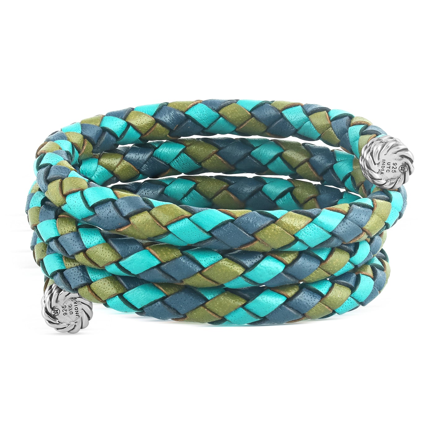 Sterling Silver Multi-Color Braided Blue, Turquoise and Green Leather Coil Wrap Bracelet, 34 Inches