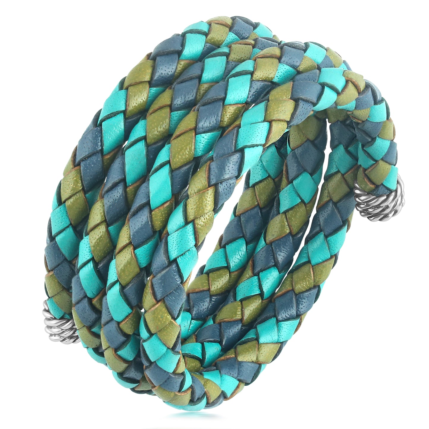 Sterling Silver Multi-Color Braided Blue, Turquoise and Green Leather Coil Wrap Bracelet, 34 Inches