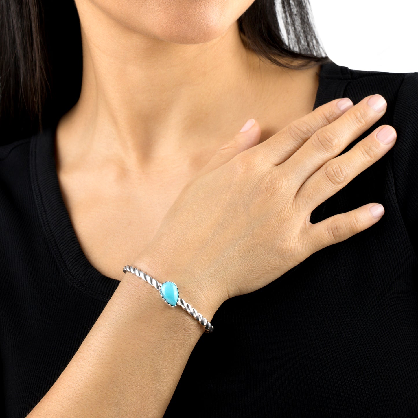 EXCLUSIVELY OURS! Sterling Silver Kingman Turquoise Pear Cut Stackable Cuff Bracelet, Sizes Small to Large