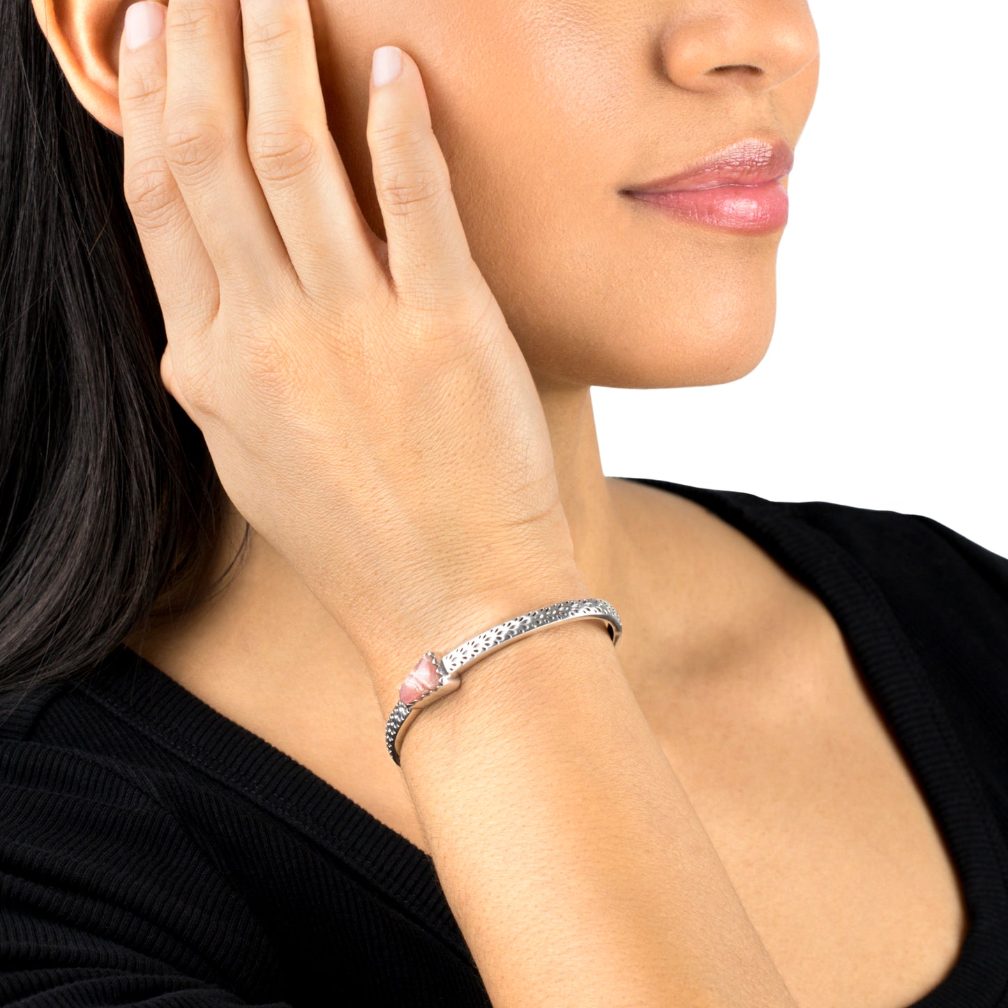 EXCLUSIVELY OURS! Sterling Silver Rhodochrosite Fancy Cut Stackable Cuff Bracelet, Sizes Small to Large
