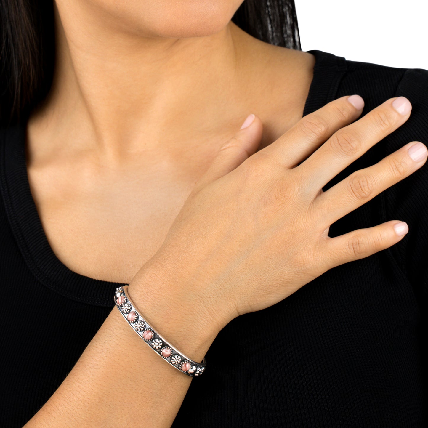 EXCLUSIVELY OURS! Sterling Silver Rhodochrosite Concha Flower Narrow Cuff Bracelet, Sizes Small to Large