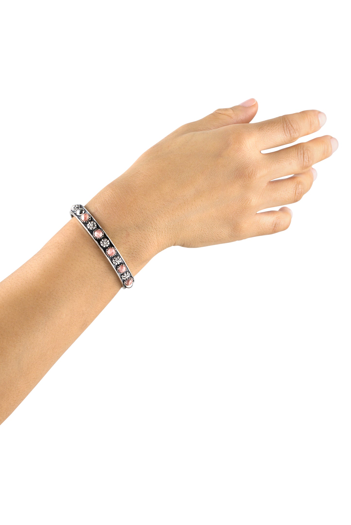 EXCLUSIVELY OURS! Sterling Silver Rhodochrosite Concha Flower Narrow Cuff Bracelet, Sizes Small to Large