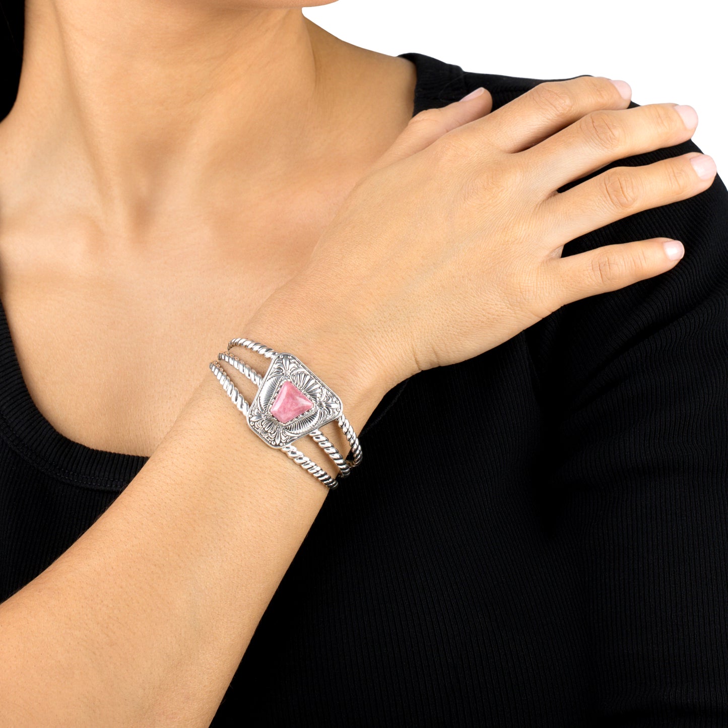 Sterling Silver Rhodonite Trapezoid Cuff Bracelet, Sizes Small to Large