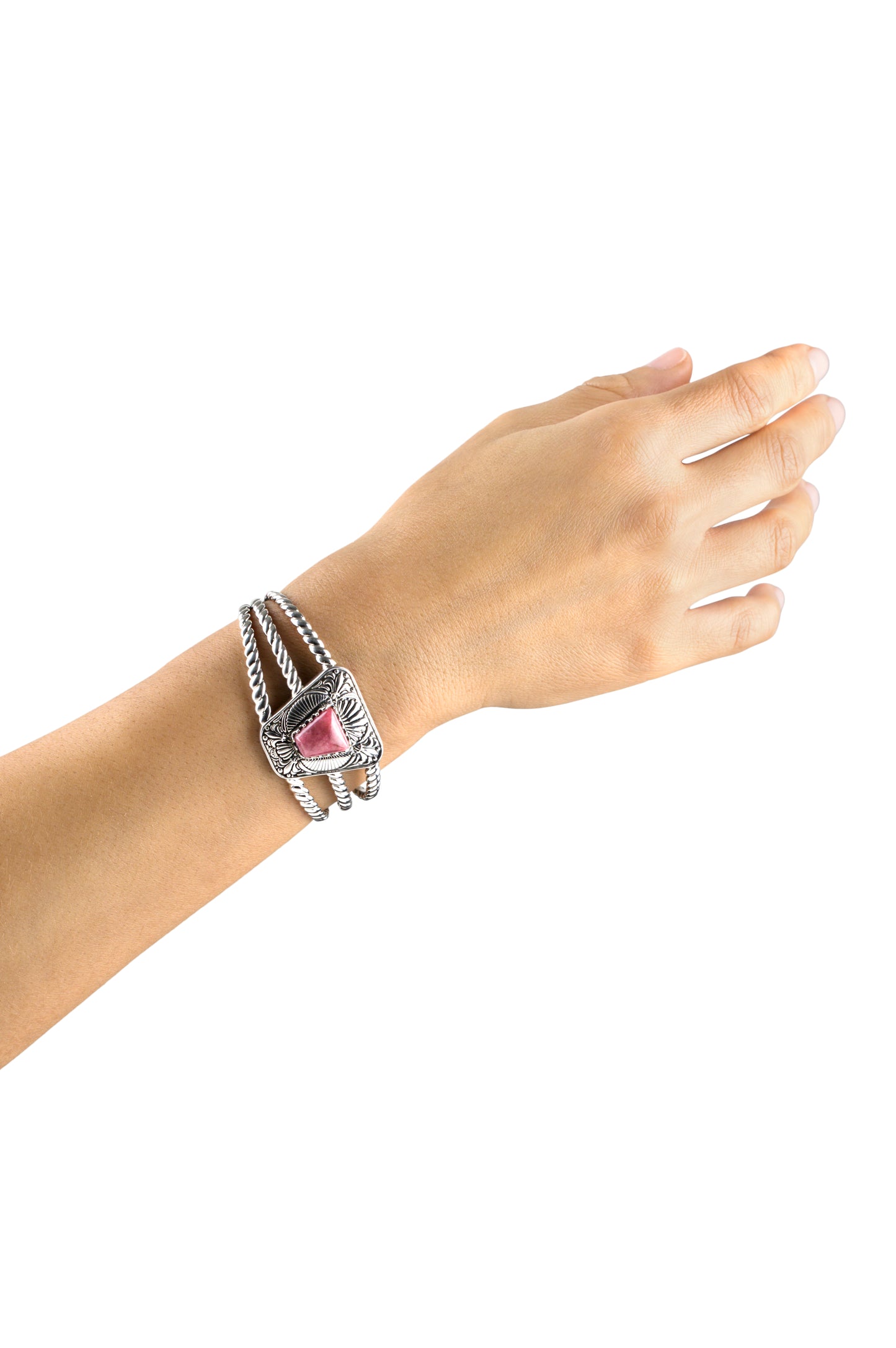 Sterling Silver Rhodonite Trapezoid Cuff Bracelet, Sizes Small to Large
