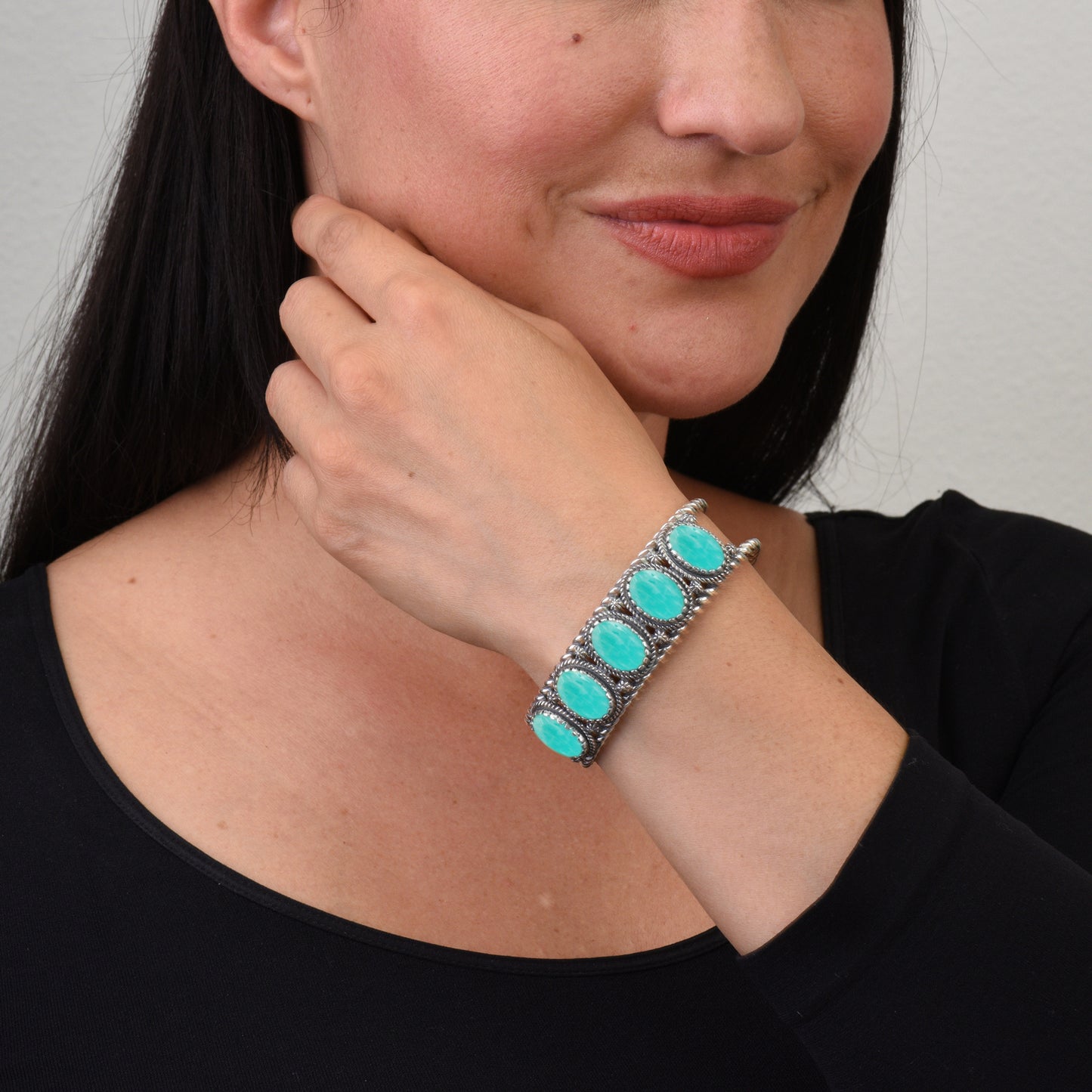 Sterling Silver Amazonite Gemstone Rope Design Women's Cuff Bracelet, Size Small - Large