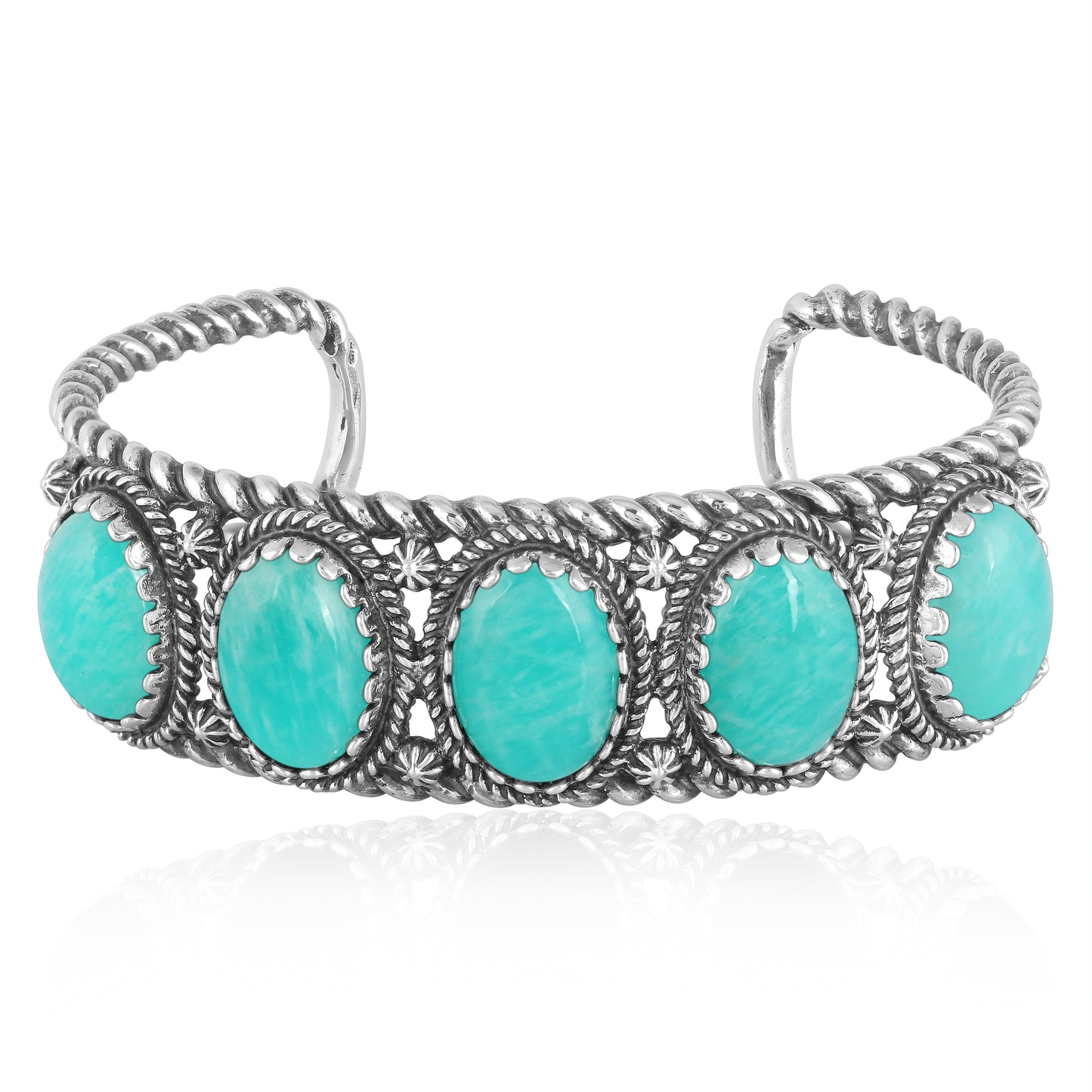 Sterling Silver Amazonite Rope Design 5-Stone Cuff Bracelet, Sizes Small to Large