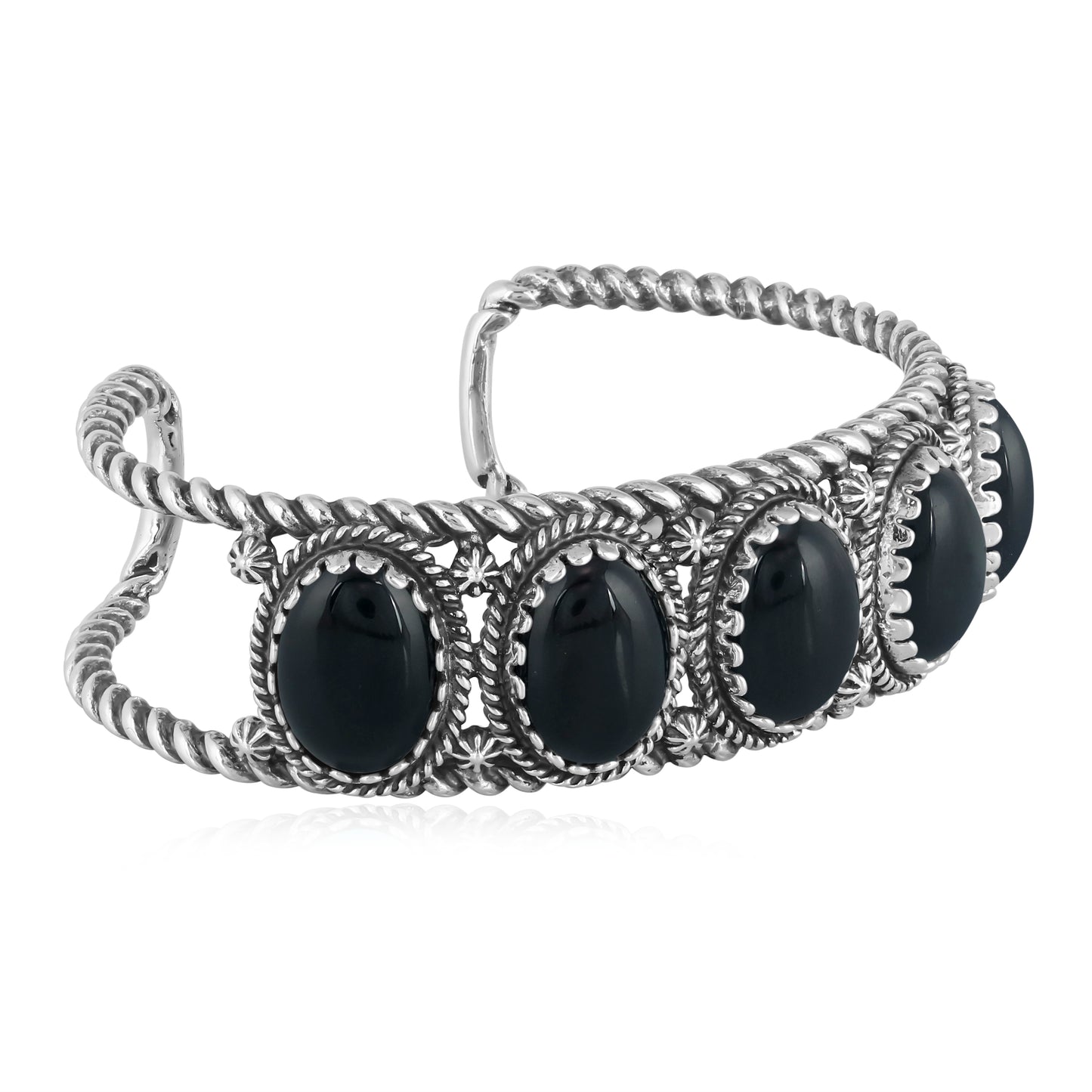 EXCLUSIVELY OURS! Sterling Silver Black Agate 5-Stone Rope Design Cuff Bracelet, Sizes Small to Large