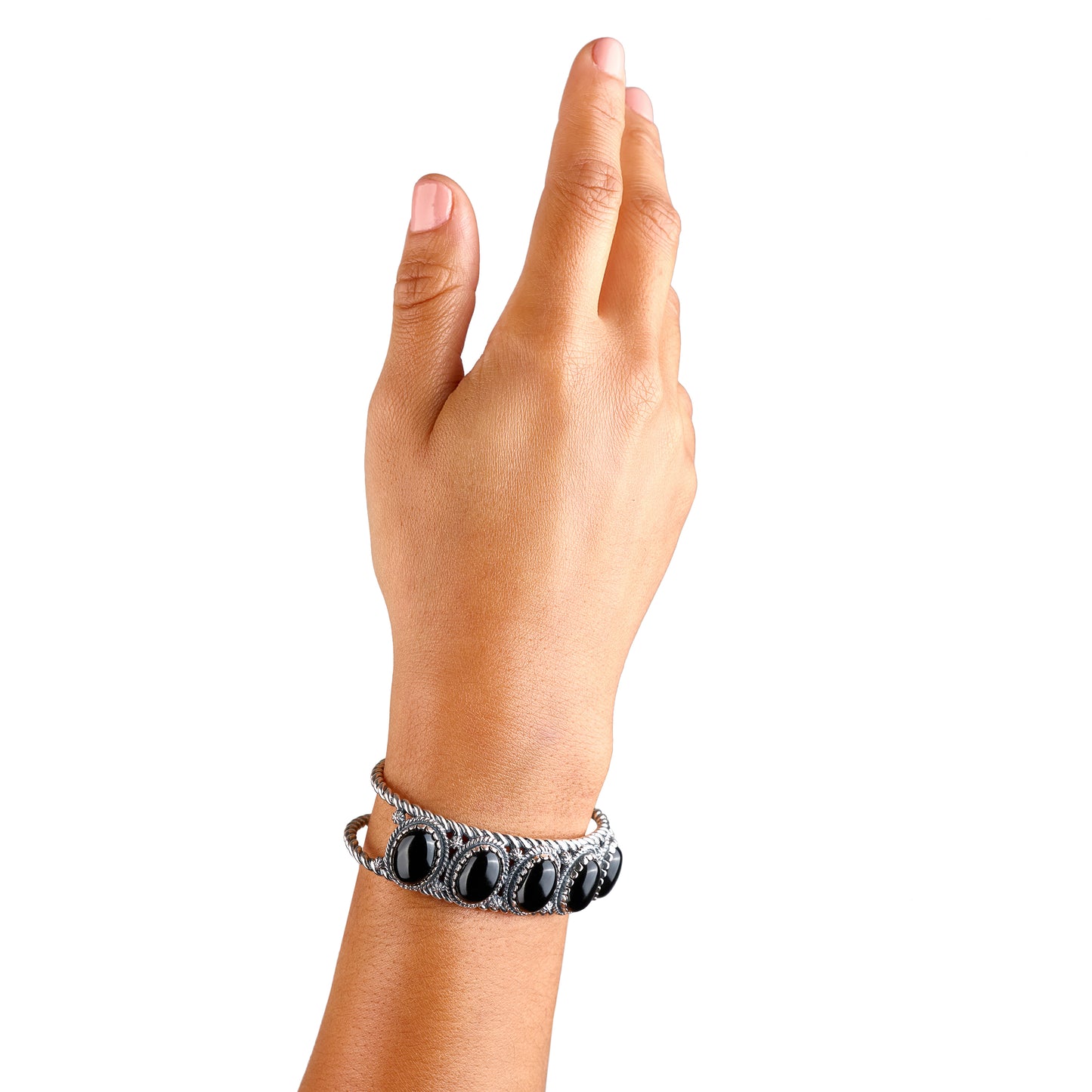 EXCLUSIVELY OURS! Sterling Silver Black Agate 5-Stone Rope Design Cuff Bracelet, Sizes Small to Large