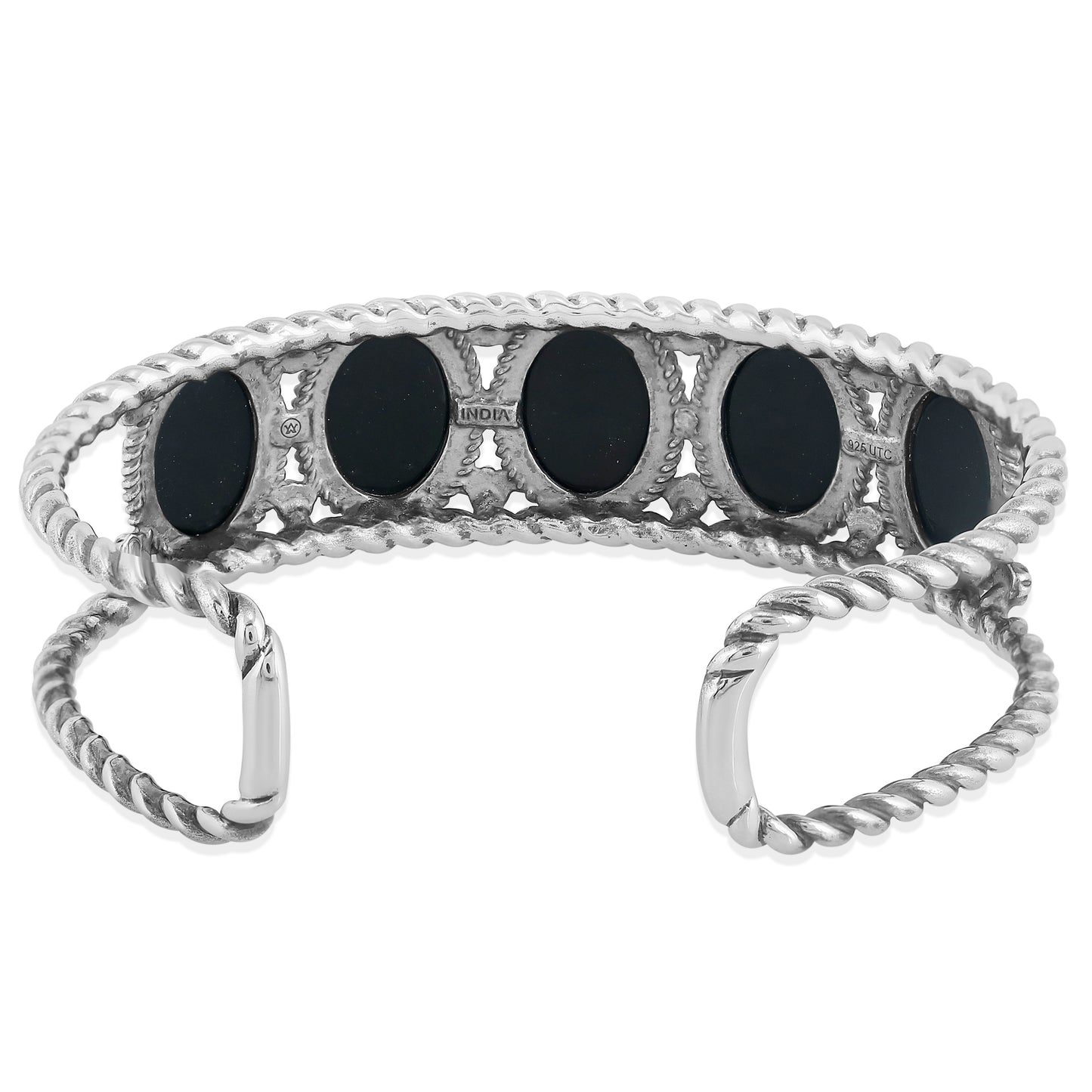 EXCLUSIVELY OURS! Sterling Silver Black Agate 5-Stone Rope Design Cuff Bracelet, Sizes Small to Large