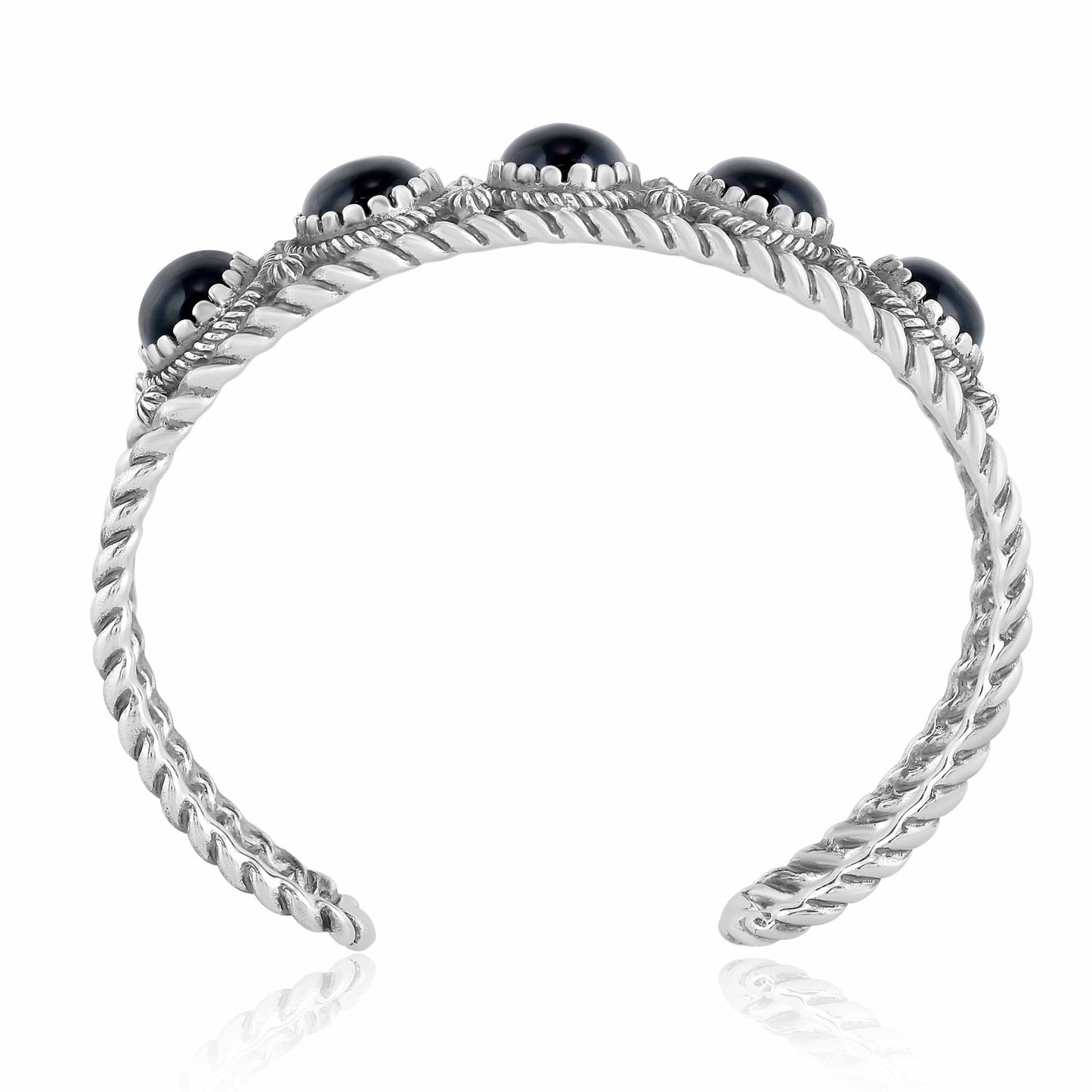 EXCLUSIVELY OURS! Sterling Silver Black Agate 5-Stone Rope Design Cuff Bracelet, Sizes Small to Large