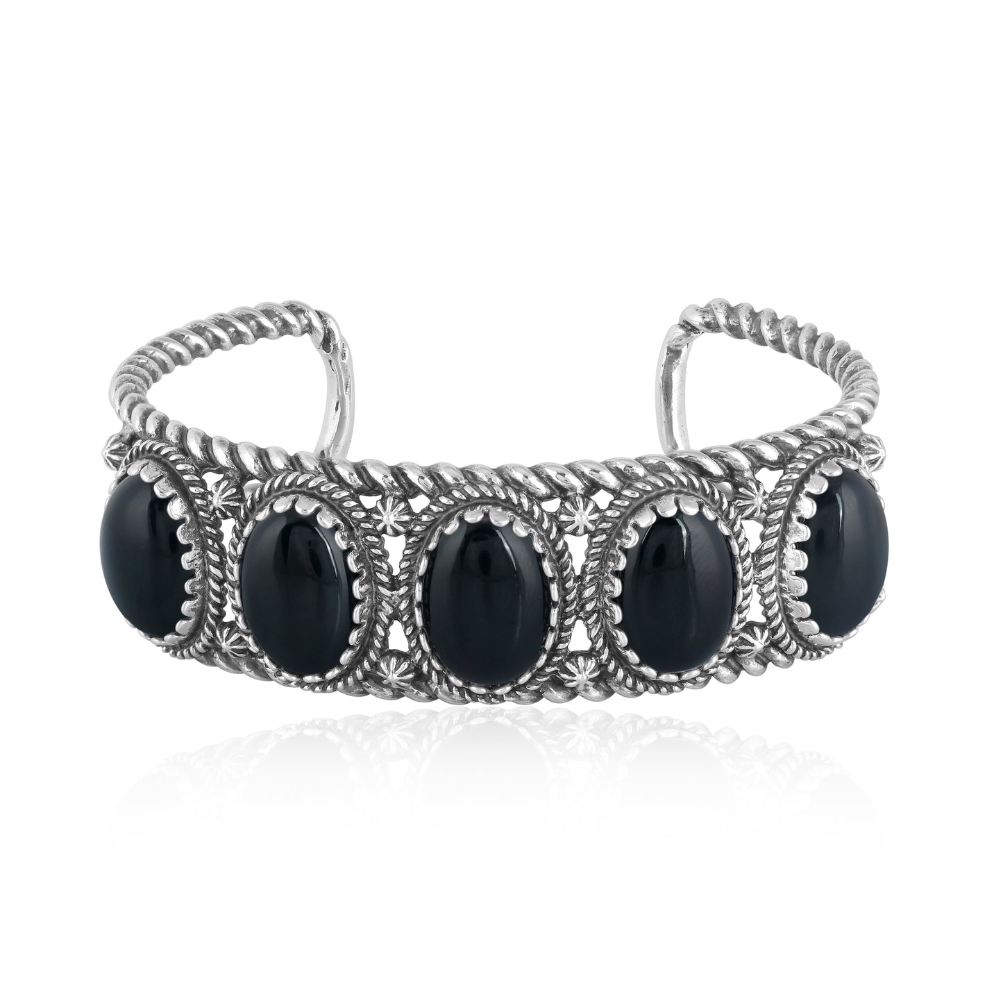 EXCLUSIVELY OURS! Sterling Silver Black Agate 5-Stone Rope Design Cuff Bracelet, Sizes Small to Large
