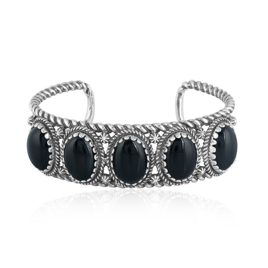 EXCLUSIVELY OURS! Sterling Silver Black Agate 5-Stone Rope Design Cuff Bracelet, Sizes Small to Large