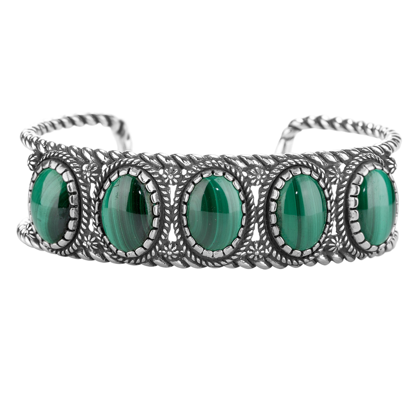 Natural Emerald top Gemstone set in a designed Sterling Silver cuff bracelet