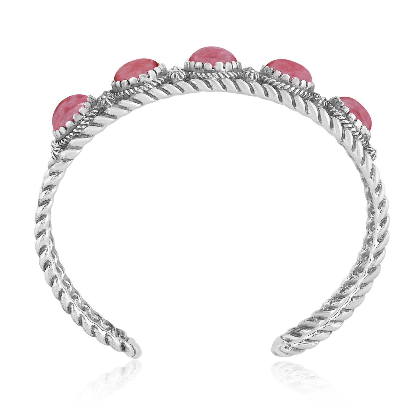 Sterling Silver Rhodonite Gemstone Rope Design 5-Stone Cuff Bracelet, Sizes Small to Large